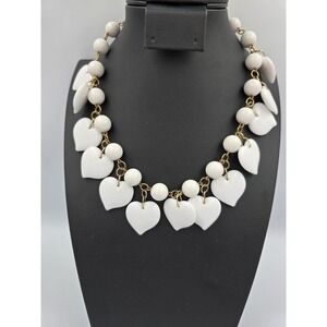 White Heart Charm & Bead Gold Tone Dangle Choker Necklace Statement Fashion